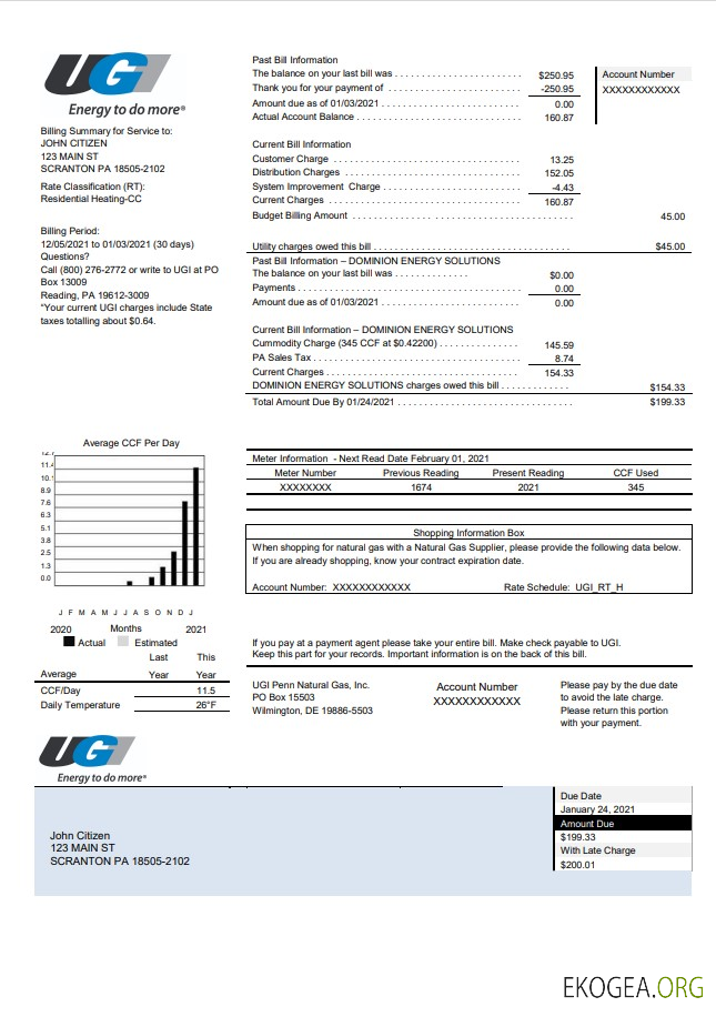 USA Pennsylvania UGI Utilities utility bill template in Word and PDF format